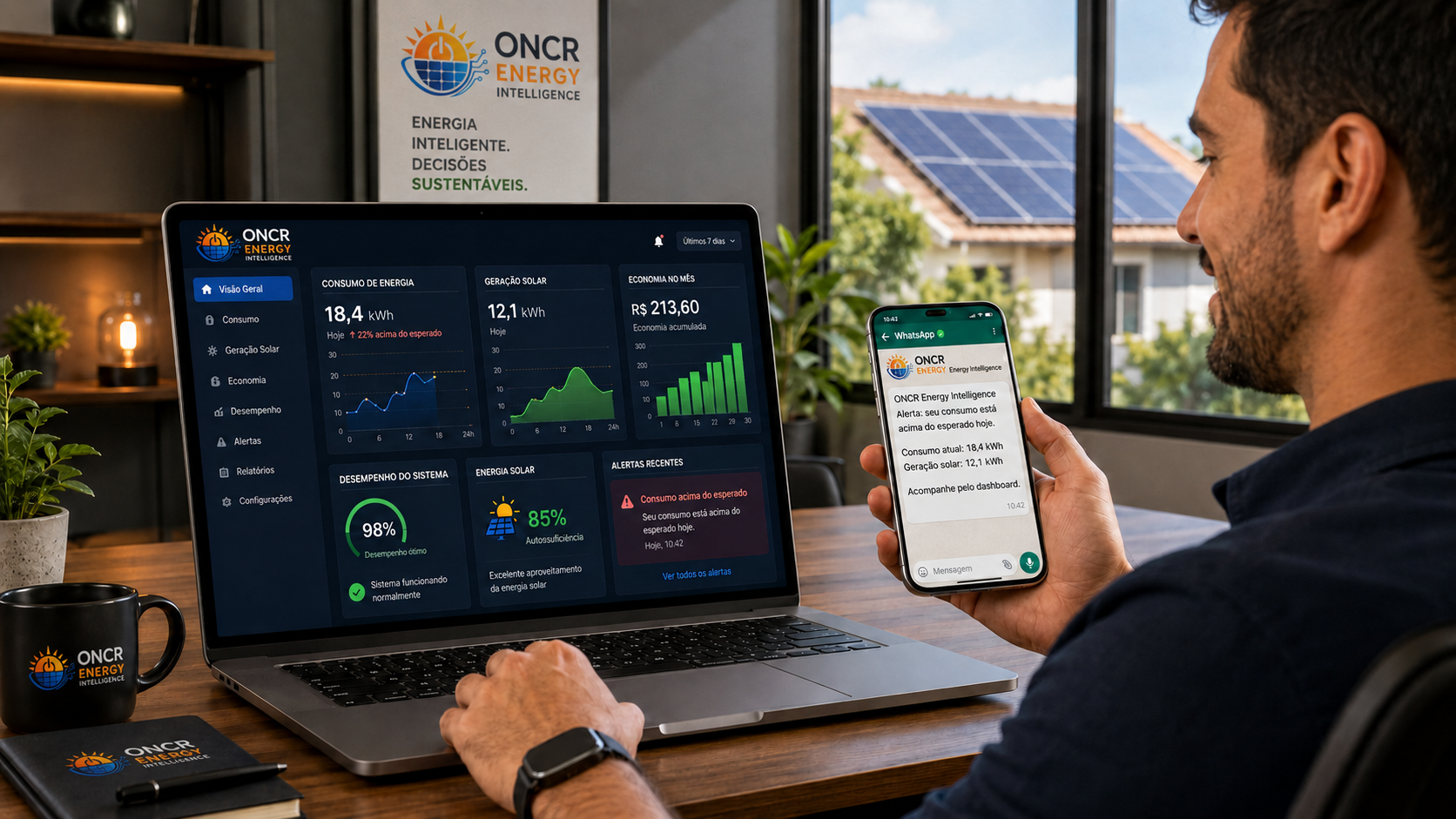 Cliente acompanhando dashboard ONCR Energy Intelligence e alerta no WhatsApp